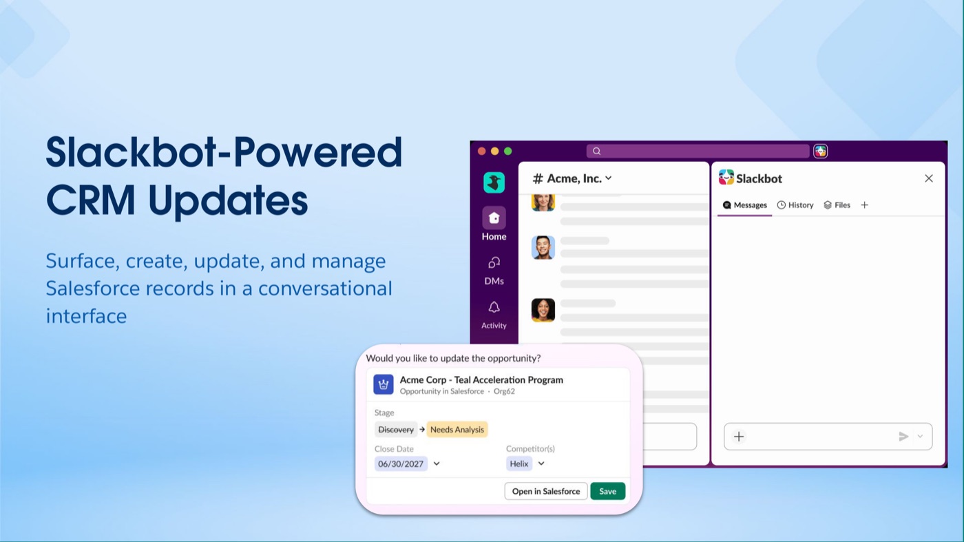 Slackbot mostrando un registro de oportunidad de Salesforce dentro de una conversación de Slack, con campos para actualizar la etapa, la fecha de cierre y los competidores