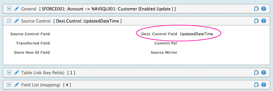 Transfer with the Destination Control Field set up to use a DateTime field